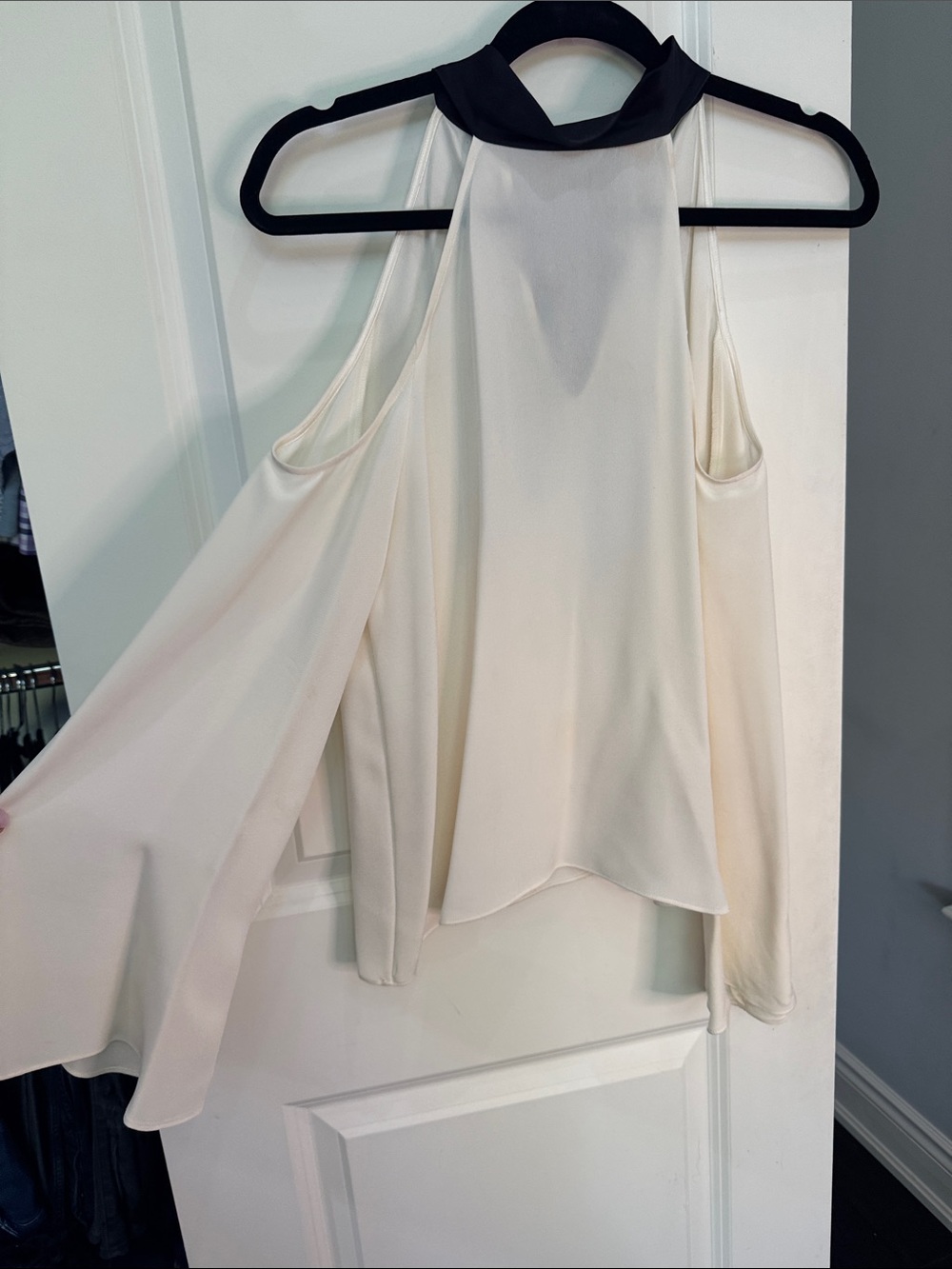 Ivory Cold-Shoulder Silk Halter Top with Black Neck and Bell Sleeves